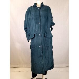Vintage Kiko 100% Silk Forest Green Puffer Coat Midi Duster One Size